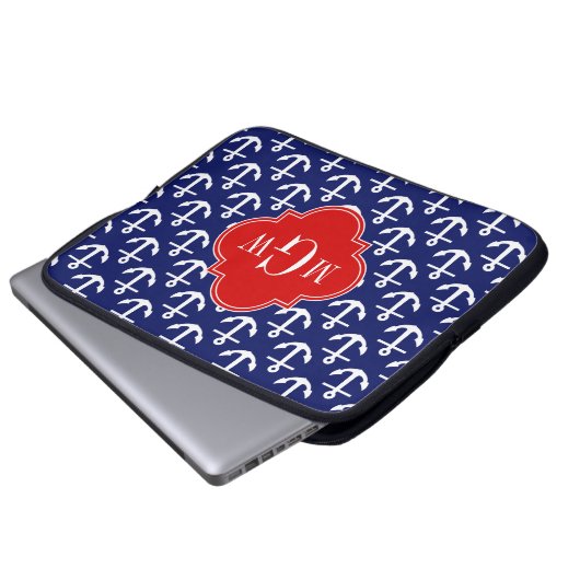 Weißer Anker Navy Blau, Red 3 Initial Monogramm Laptopschutzhülle (Vorne Knopf)