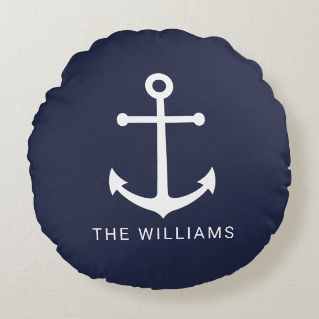 Weißer Anker und Individuelle Name auf Navy Blue Rundes Kissen (Vorderseite)