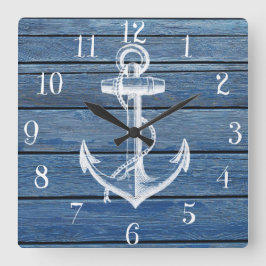 Weißer Anker und Vintages blaues Holz Quadratische Wanduhr