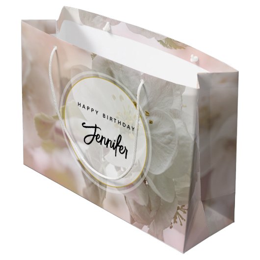 Weißer Apfelblütenfotografie Geburtstag Große Geschenktüte (Rückseite Schrägansicht)