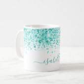 Weißer aquamariner Glitzer, türkisgrüner türkisfar Kaffeetasse (Vorderseite Links)