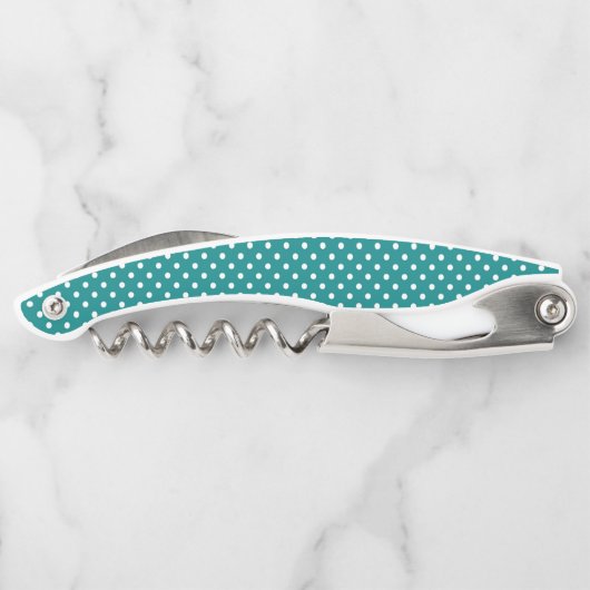 Weißer aquamariner Hintergrund der Polkapunkte Kellnermesser (Rückseite)