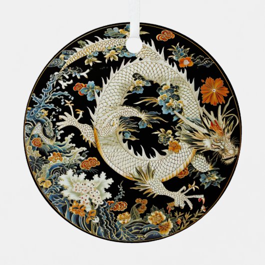 Weißer asiatischer Drache und Blume Ornament Aus Metall (Vorderseite)