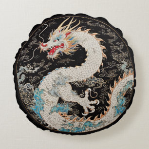 Weißer asiatischer Drache und Wolken Rundkissen Rundes Kissen