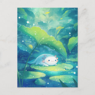 Weißer Axolotl sucht Schutz unter grünem Seerosenb Postkarte