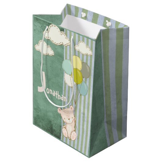 Weißer Bär Balloons Grüne Niedliche Streifen Kinde Mittlere Geschenktüte (Rückseite Schrägansicht)