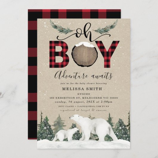 Weißer Bär Oh Boy Flannel Lumberjack Babydusche Einladung (Vorne/Hinten)