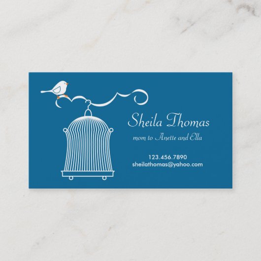 Weißer Birdcage und Vogel auf blauem Hintergrund Telefonnummerkarte (Vorderseite)