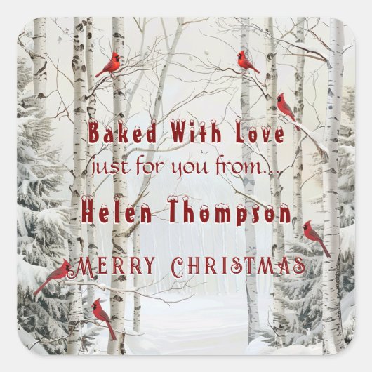 Weißer Birkenbaum Winterwald Rote Kardinäle Quadratischer Aufkleber (Vorderseite)