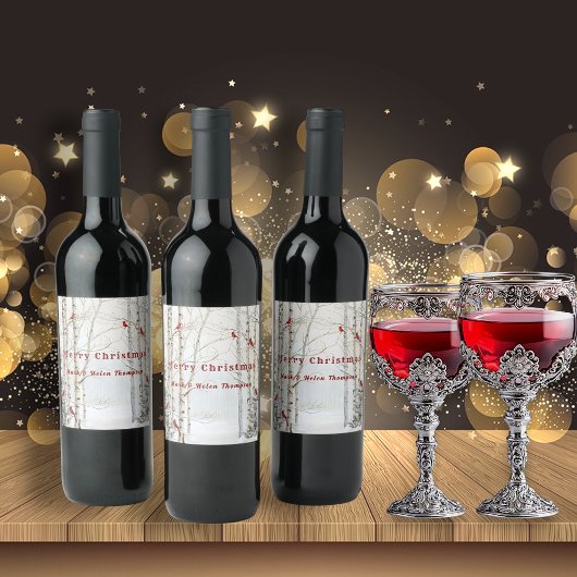 Weißer Birkenbaum Winterwald Rote Kardinäle Weinetikett