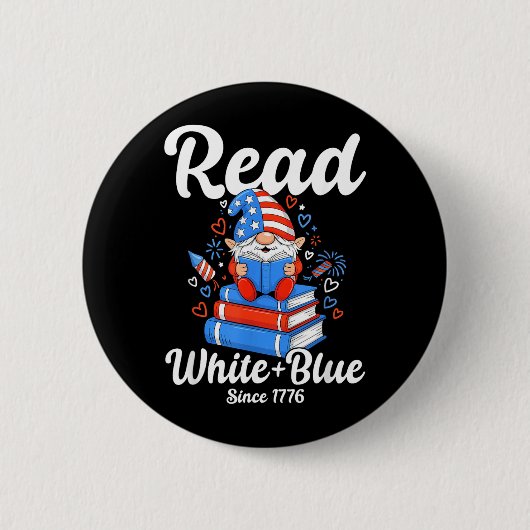 Weißer blauer USA-Gnom lesend 4. Juli Button (Vorderseite)