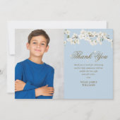 Weißer Blossom Erster Kommunion Blaues Foto Dankeskarte (Vorderseite)