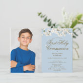 Weißer Blossom Erster Kommunion Blaues Foto Einladung (Stehend Vorderseite)