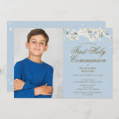Weißer Blossom Erster Kommunion Blaues Foto Einladung (Vorne/Hinten)