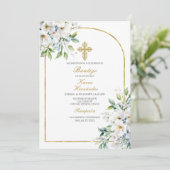 Weißer Blume Bouquet Taufe Spanisch Einladung (Stehend Vorderseite)