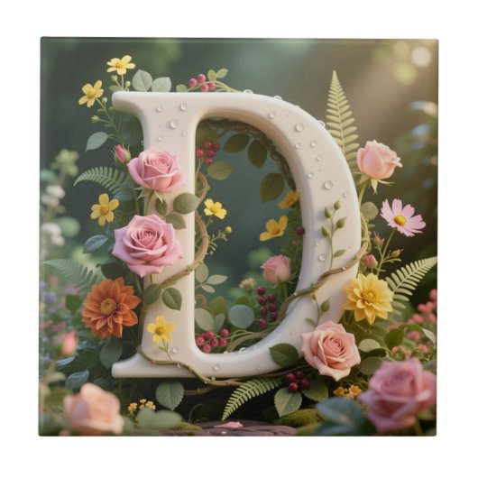 Weißer Blumen-Garten-Monogramm-Buchstabe D Fliese (Vorderseite)