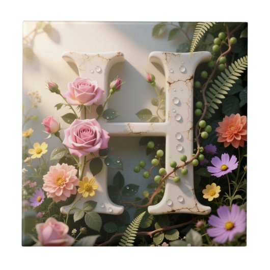 Weißer Blumen-Garten-Monogramm-Buchstabe H Fliese (Vorderseite)