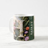 Weißer Blumen-Garten-Monogramm-Buchstabe H Kaffeetasse (Vorderseite Links)