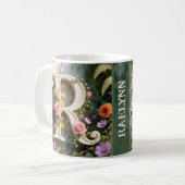 Weißer Blumen-Garten-Monogramm-Buchstabe R Kaffeetasse (Vorderseite Links)