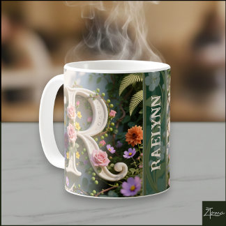 Weißer Blumen-Garten-Monogramm-Buchstabe R Kaffeetasse