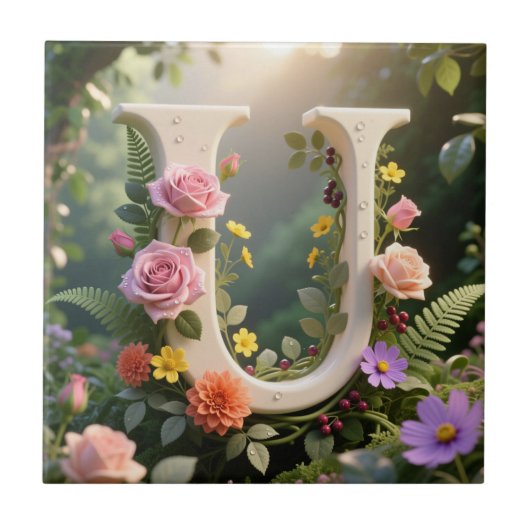 Weißer Blumen-Garten-Monogramm-Buchstabe U Fliese (Vorderseite)