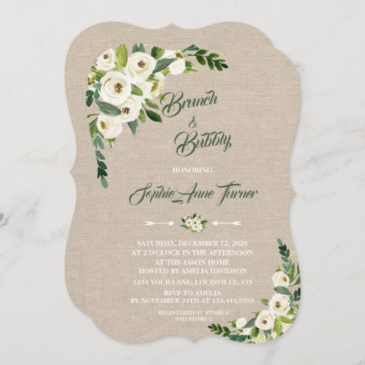 Weißer Blumenbrunch & Bubbly Einladung (Vorne/Hinten)