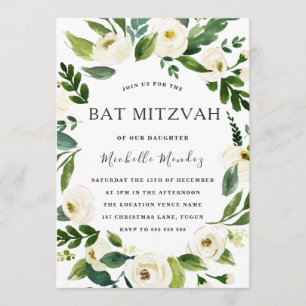 Weißer Blumengarten Moderner Bat Mitzvah Einladung