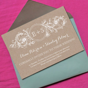 Weißer Blumenrahmen, Initialen einer Hochzeit auf  Einladung