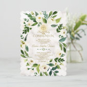 Weißer Blumenreath Kreuzmarmor Heilige Kommune Einladung (Stehend Vorderseite)