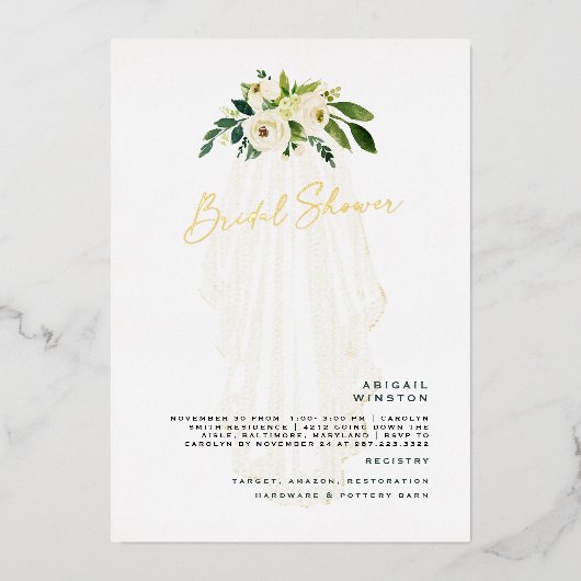 Weißer Blumenschleier Gold Brautparty Folieneinladung (Vorderseite)