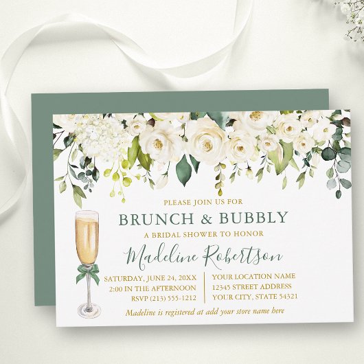 Weißer Blumenstrauß Grüner Bridal Brunch Einladung