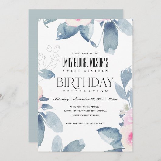 WEISSER BLUSH BLUE BLUE FLORAL SWEET 16 JEDER ALTE EINLADUNG (Vorne/Hinten)