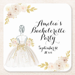 Weißer Blush-Gold-Glitter-Kleid Junggesellinnenabs Rechteckiger Pappuntersetzer