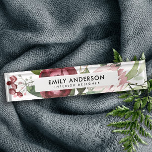 WEISSER BLUSPINK BURGUNDY PROTEA FLORAL WATERCOLOR NAMENSPLAKETTE