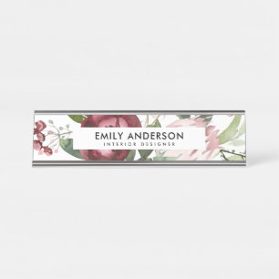 WEISSER BLUSPINK BURGUNDY PROTEA FLORAL WATERCOLOR SCHREIBTISCHNAMENSPLAKETTE