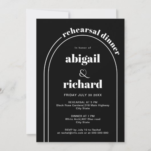 Weißer Bogen Hochzeitsessen mit schwarzer Probe Einladung (Vorderseite)