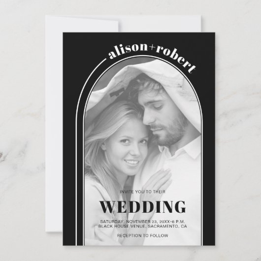 Weißer Bogen und Schwarz-Foto-Minimalistische Hoch Einladung (Vorderseite)