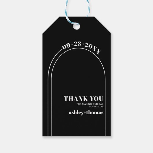 Weißer Bogen und Typografie schwarz Danke Hochzeit Geschenkanhänger (Vorderseite)