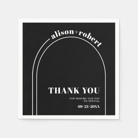 Weißer Bogen und Typografie schwarz Danke Hochzeit Serviette (Vorderseite)