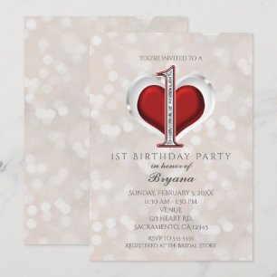 Weißer Bokeh & Roter Valentinsglam 1. Geburtstag Einladung