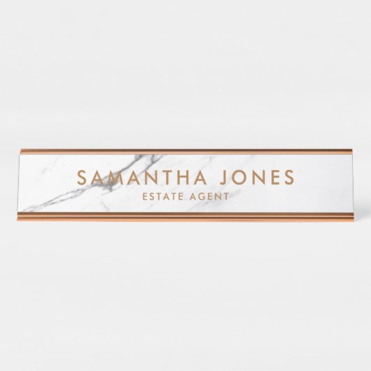 Weißer Carrara-Marmor Kupferklassiker Personalisie Schreibtischnamensplakette (Vorderseite )