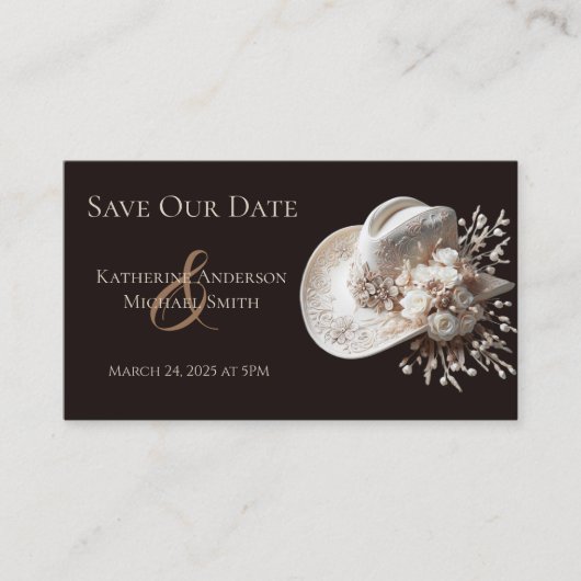 Weißer Cowgirl-Hut mit Blume Hochzeit Visitenkarte (Vorderseite)