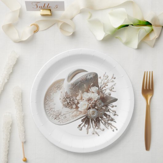 Weißer Cowgirl-Hut mit Blume Pappteller (Hochzeit)