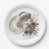 Weißer Cowgirl-Hut mit Blume Pappteller (Vorderseite)