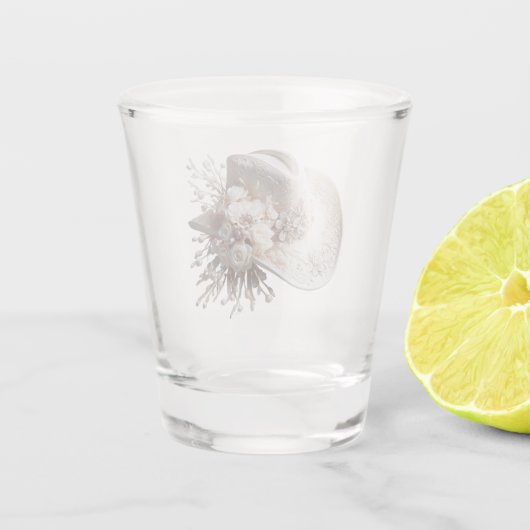 Weißer Cowgirl-Hut mit Blume Schnapsglas (Rückseite)