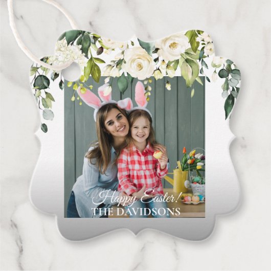 Weißer Creme Blume Gold Foto Eierjagd Ostern Geschenkanhänger (Vorderseite)