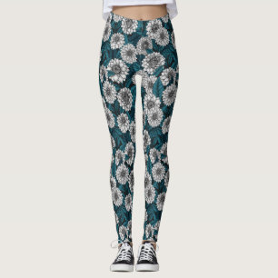 Weißer Dahlia-Garten/blaue Blätter 2 Leggings