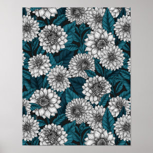 Weißer Dahlia-Garten/blaue Blätter 2 Poster