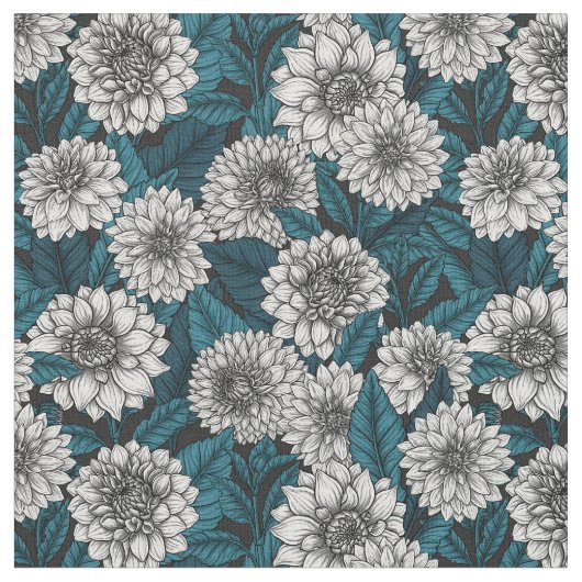 Weißer Dahlia-Garten/blaue Blätter 2 Stoff (Nahaufnahme)