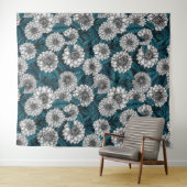 Weißer Dahlia-Garten/blaue Blätter 2 Wandteppich (Beispiel (Horizontal))